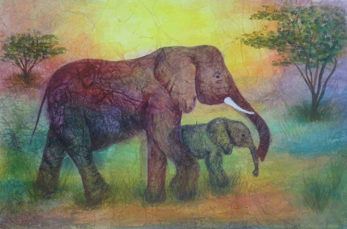 Waldorf teacher ed student work elephant cow and calf watercolor layer painting