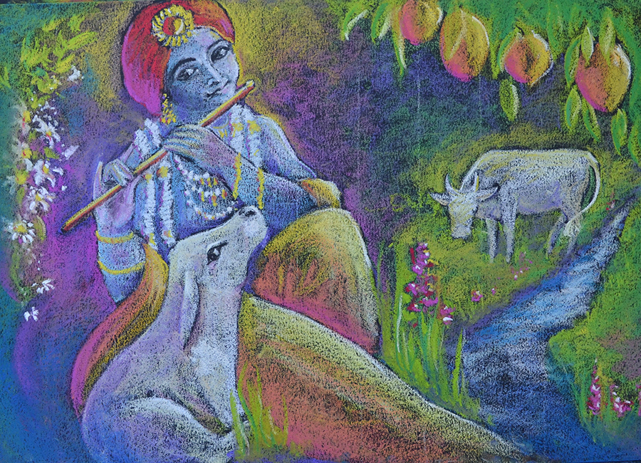 blackboard drawing Indian flute player with calf