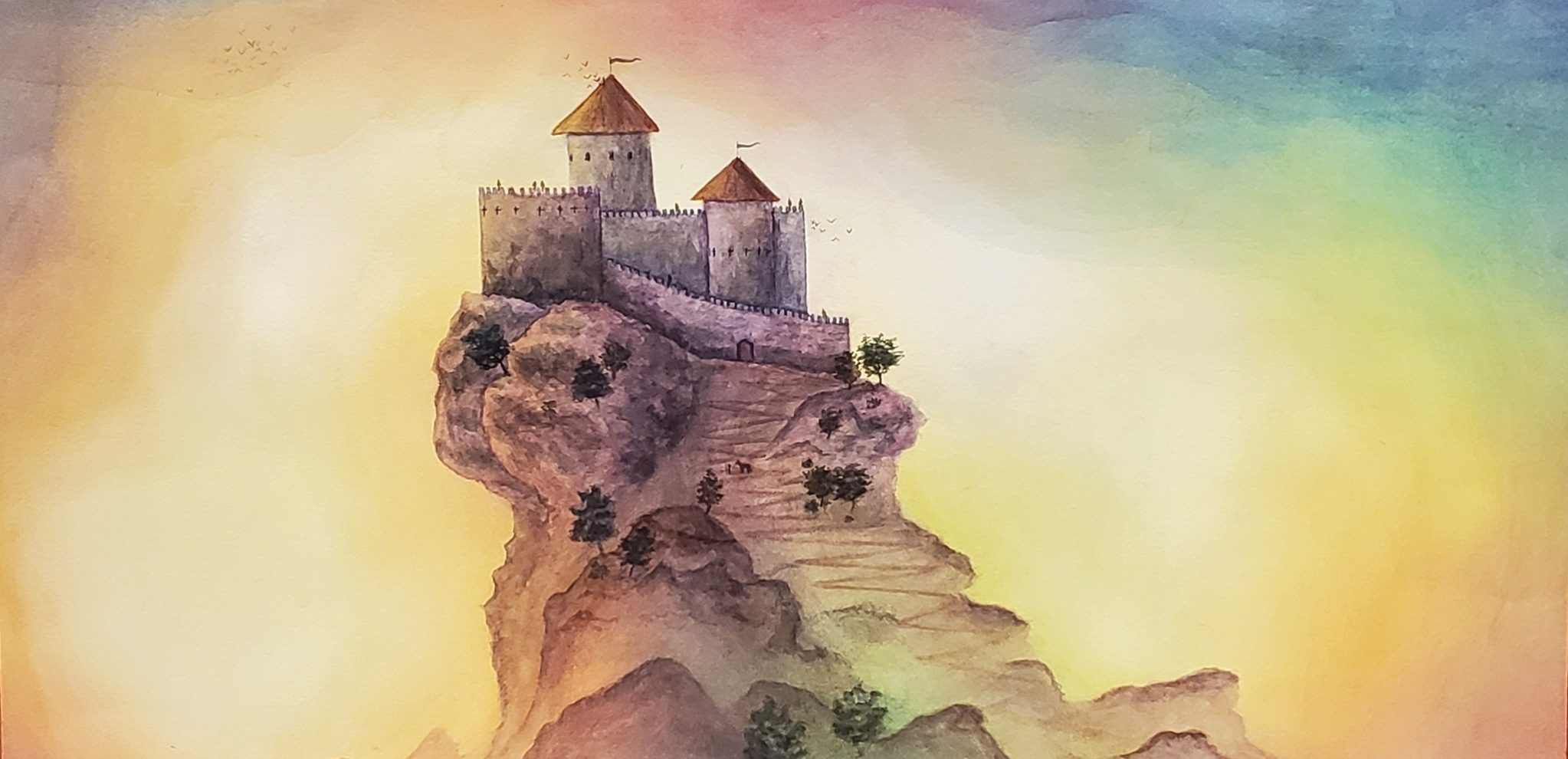 Oil painting of a castle on a rock mountain.