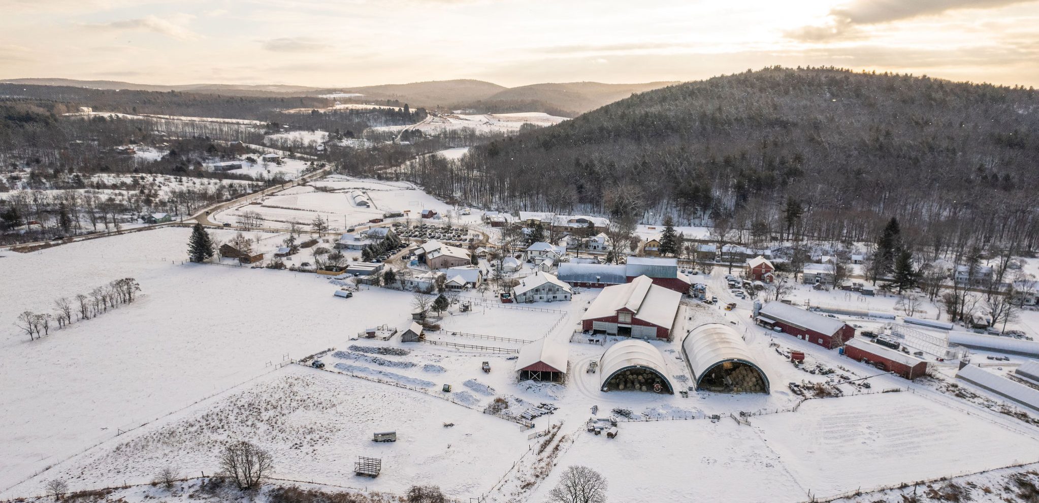 Drone shot of campus in winter.