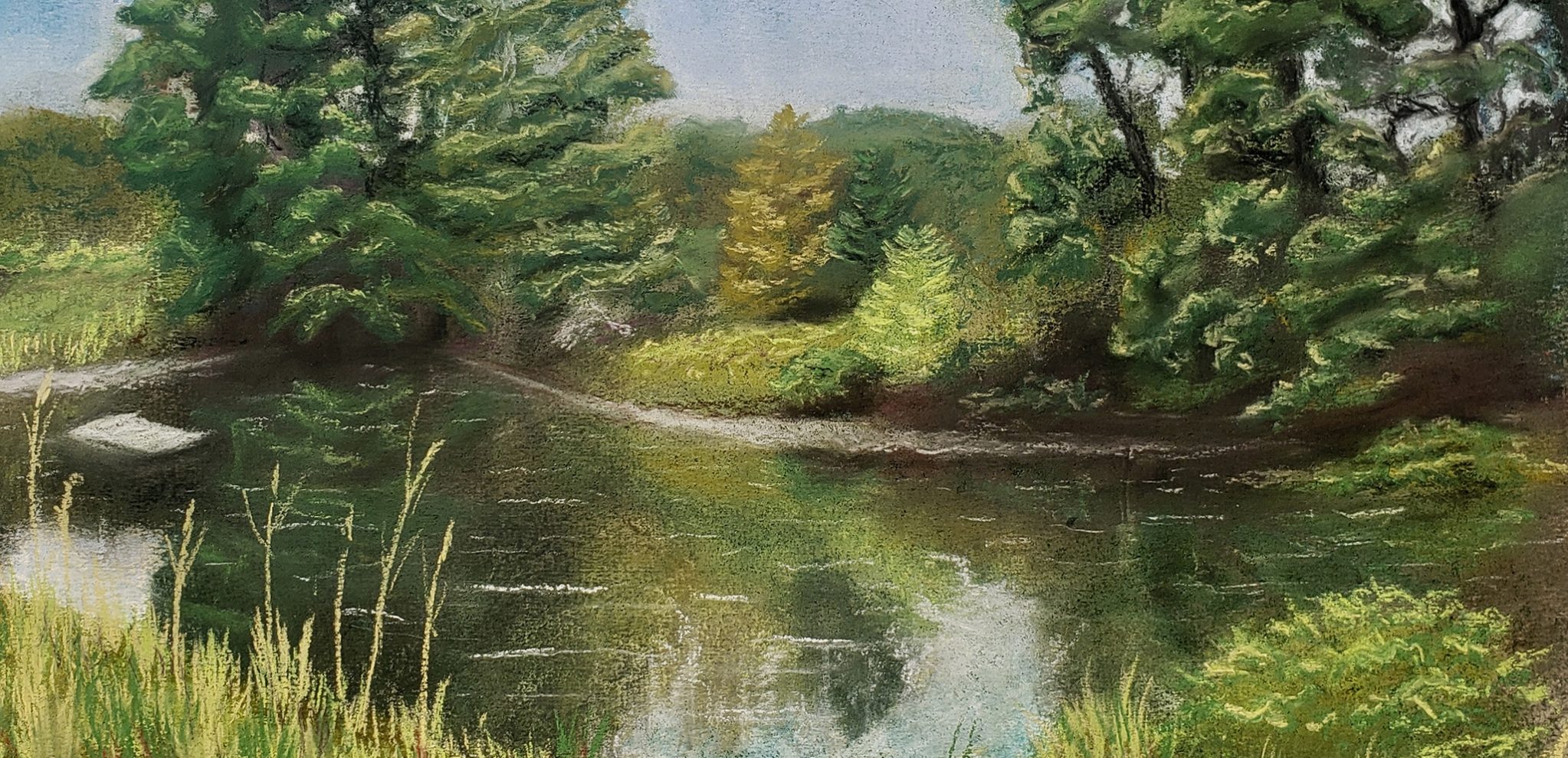 pastel painting summer scene pond with trees.